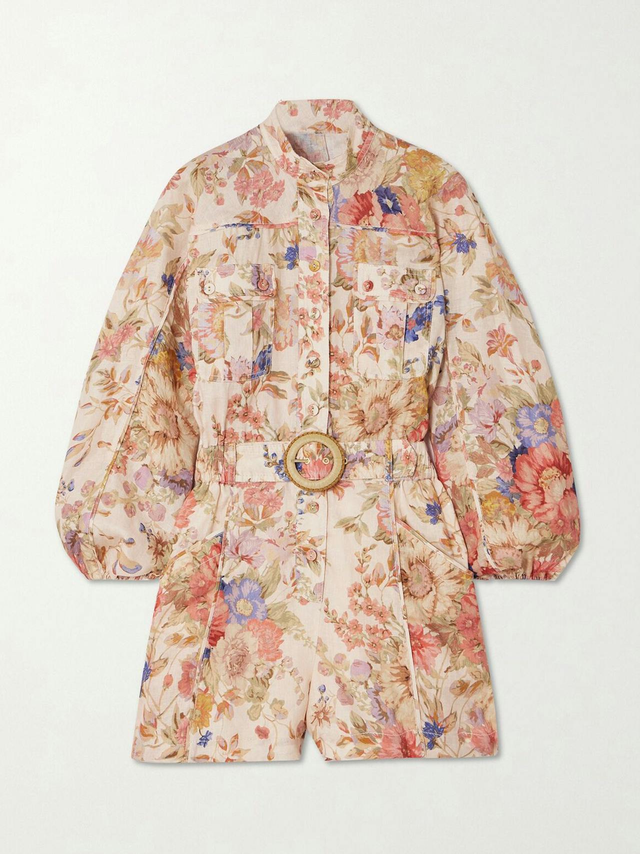 August belted floral-print linen playsuit