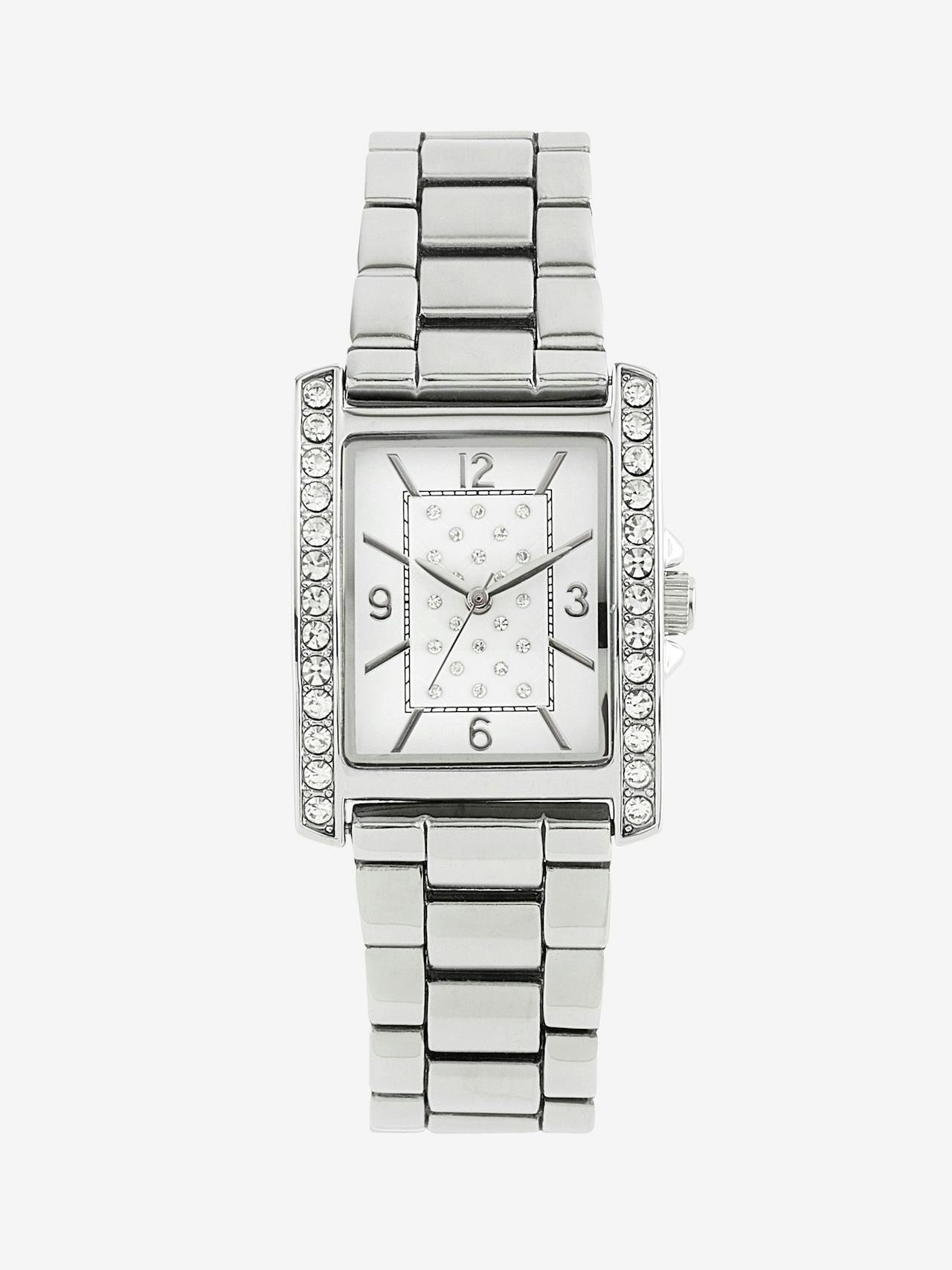 Silver tone boyfriend sparkle rectangle watch