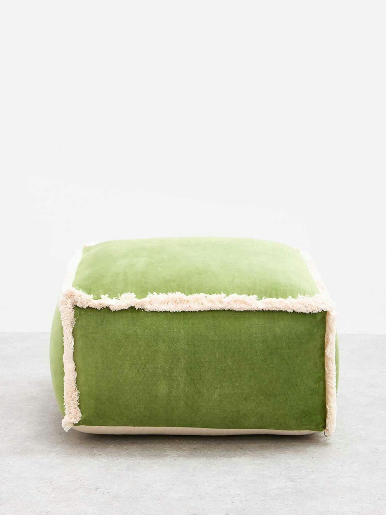 Issey green velvet fringed pouffe footstool