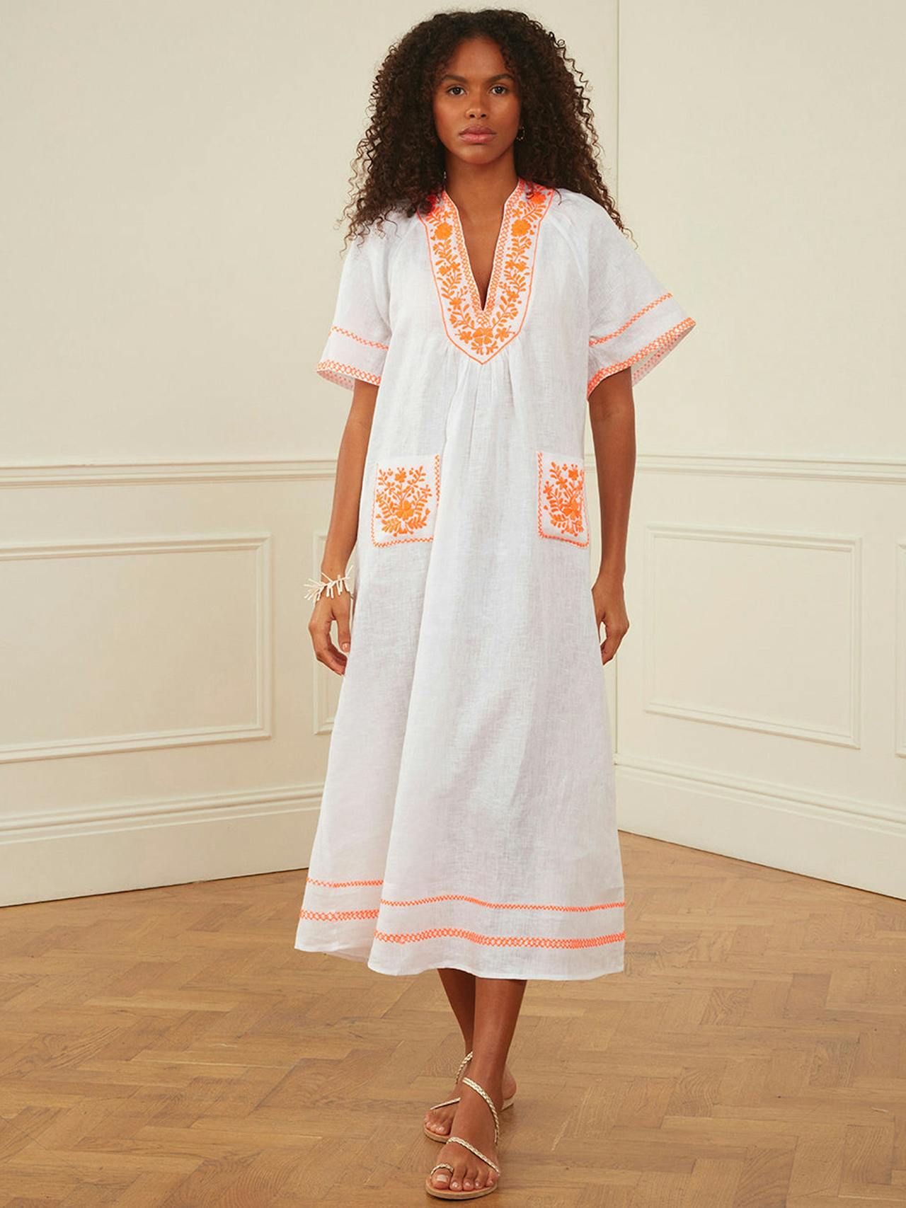 Embroidered linen Rhodes kaftan Dresses Pink City Prints    - Collagerie