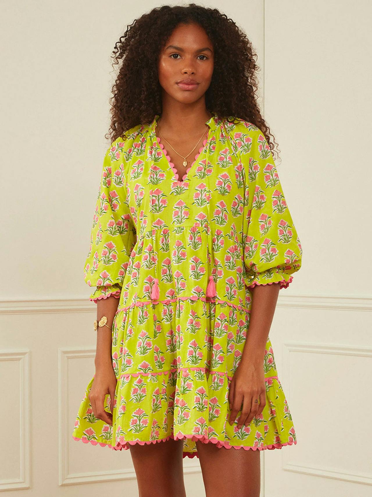 Lime hibiscus luna mini dress Dresses Pink City Prints    - Collagerie