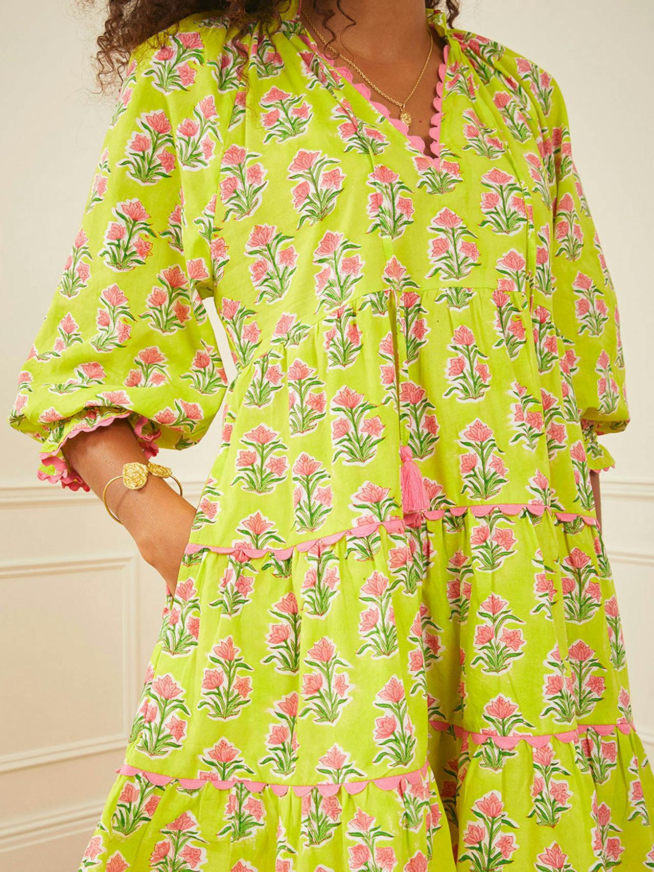 Lime hibiscus luna mini dress Dresses Pink City Prints    - Collagerie