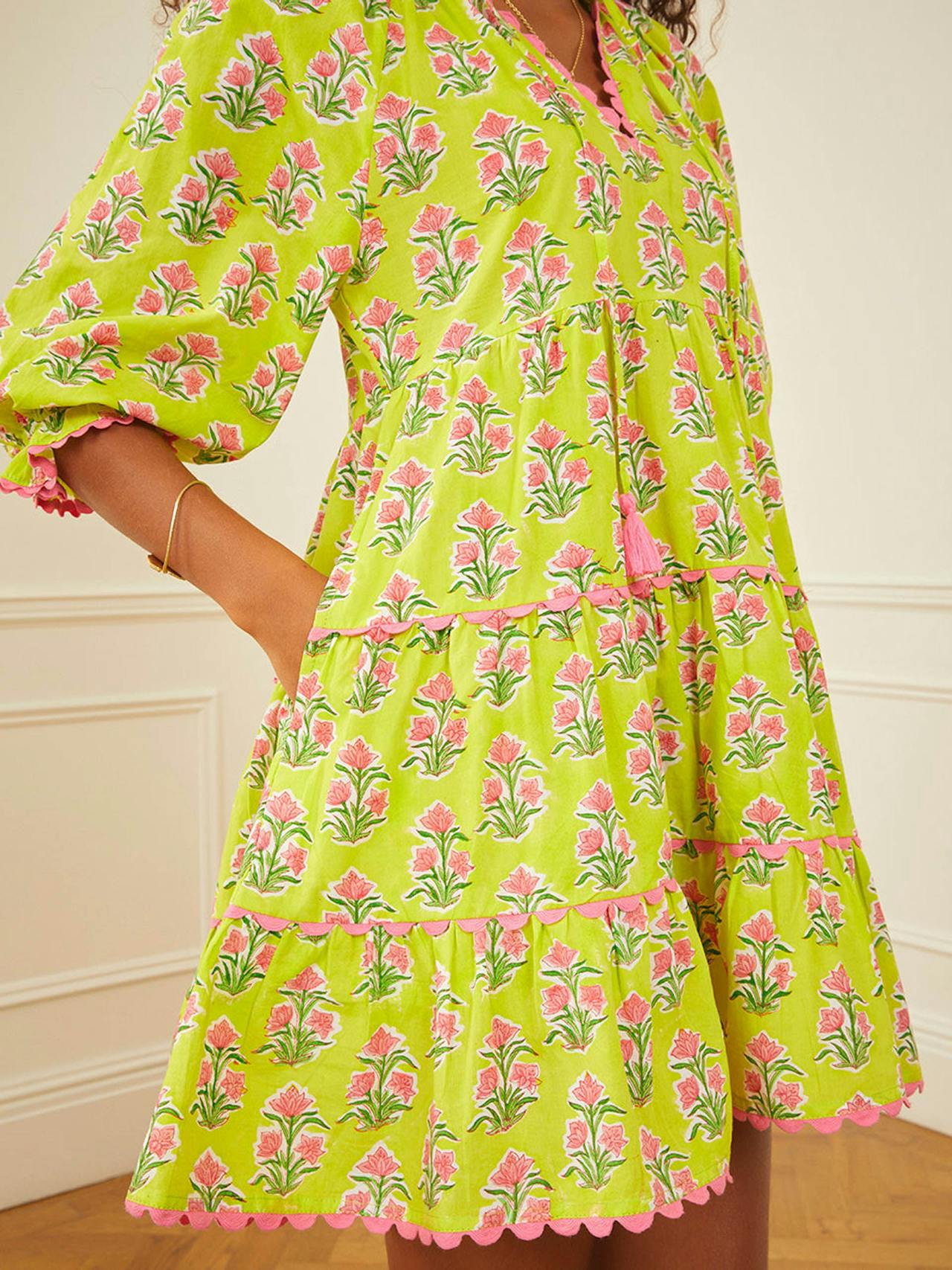 Lime hibiscus luna mini dress Dresses Pink City Prints    - Collagerie