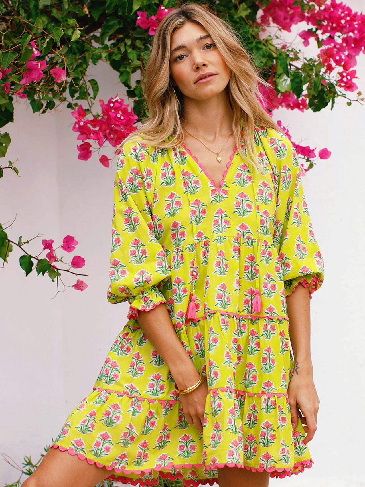 Lime hibiscus luna mini dress Dresses Pink City Prints    - Collagerie