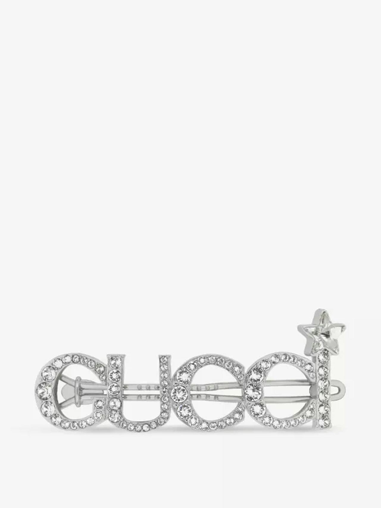 Logo crystal-embellished brass hair clip