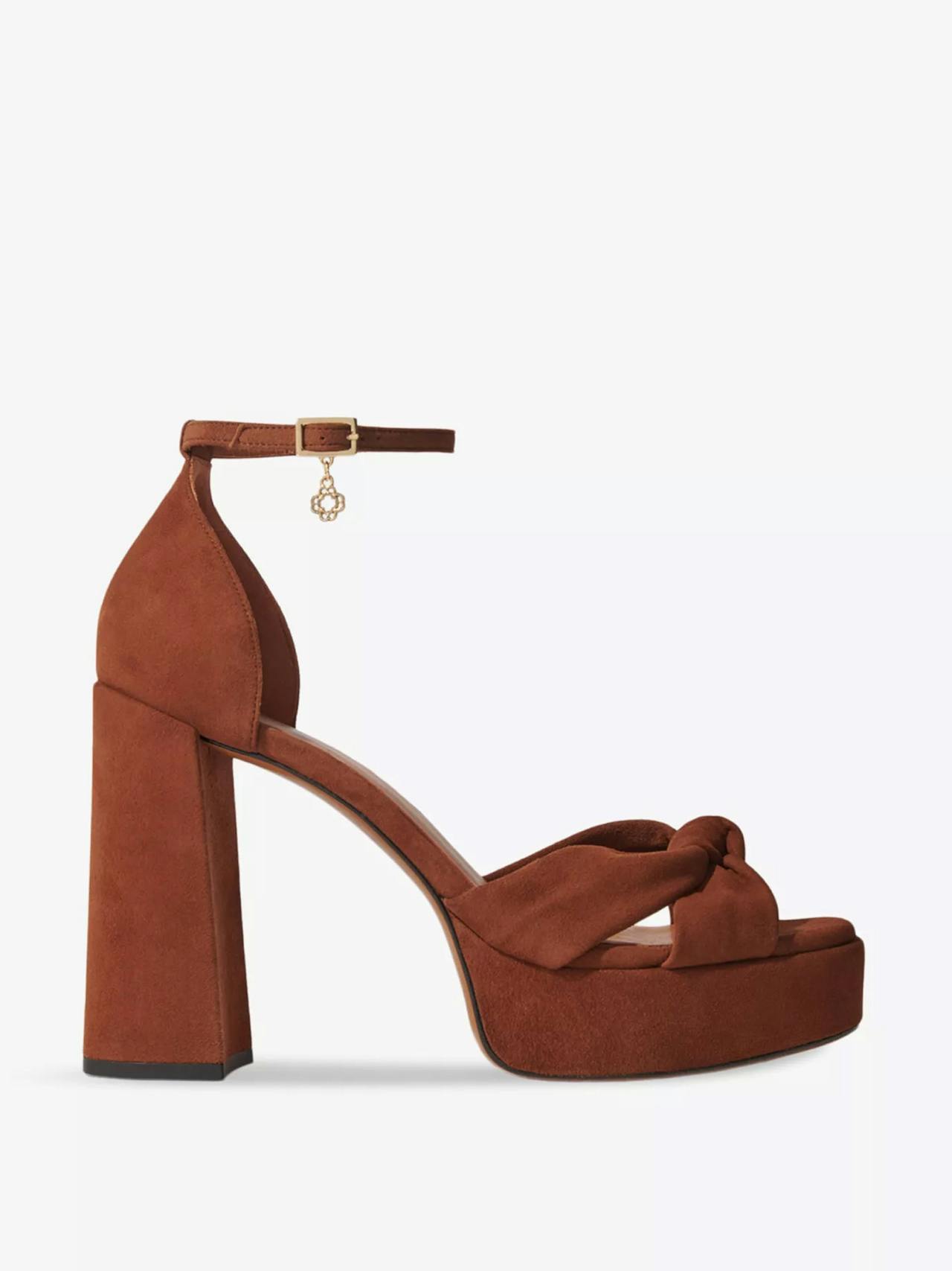 Clover-embellished twist-strap heeled suede sandals