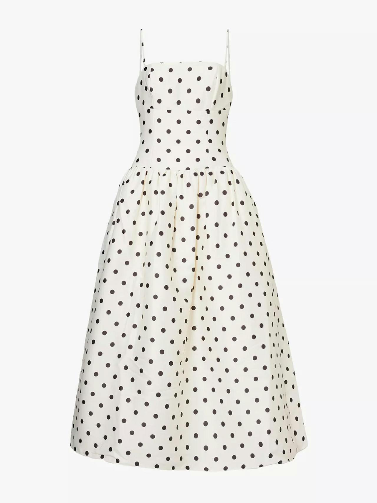 Polka-dot-print two-slip-pockets woven midi dress