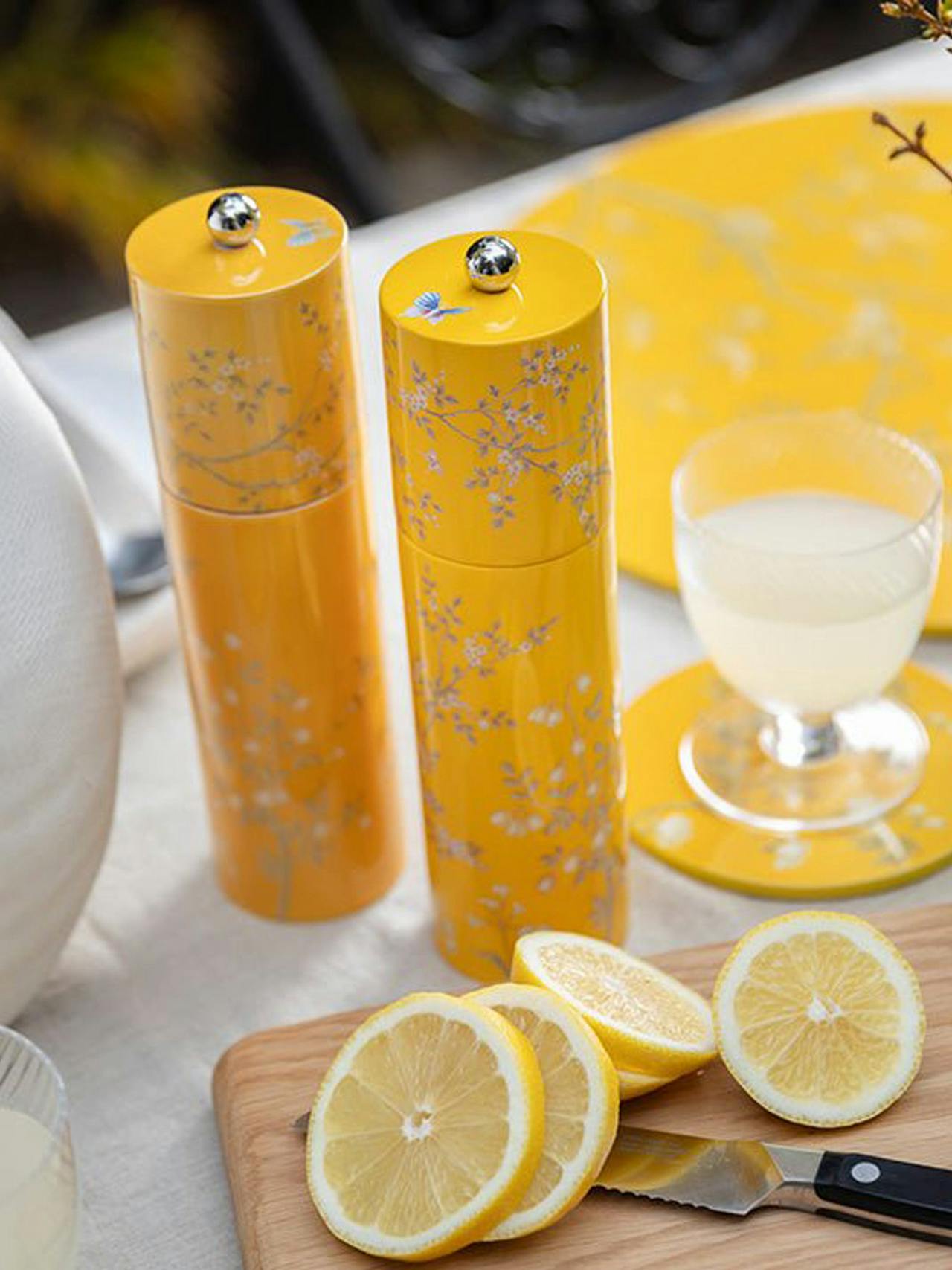 Yellow chinoiserie salt and pepper mill  Addison Ross    - Collagerie