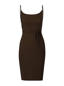 The K.M. tie midi dress in stretch cupro Dresses Anemos Espresso XS  - Collagerie