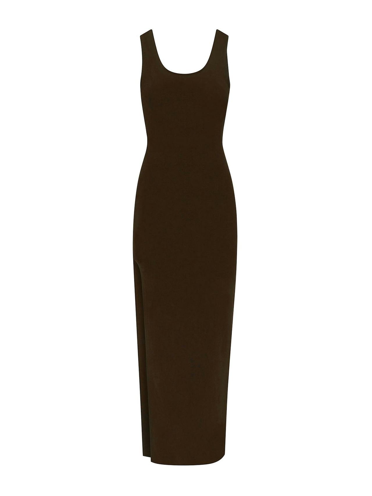 Open Back Tank maxi dress with side slit in stretch cupro Dresses Anemos Espresso XS  - Collagerie