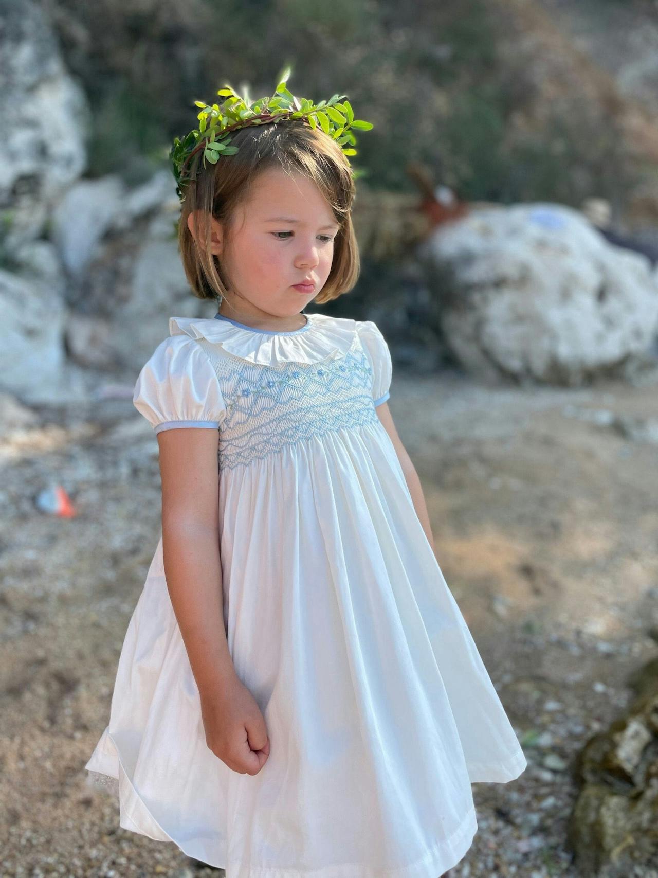 Blue Diana special occasion dress with hand smocking Kids Smock London    - Collagerie