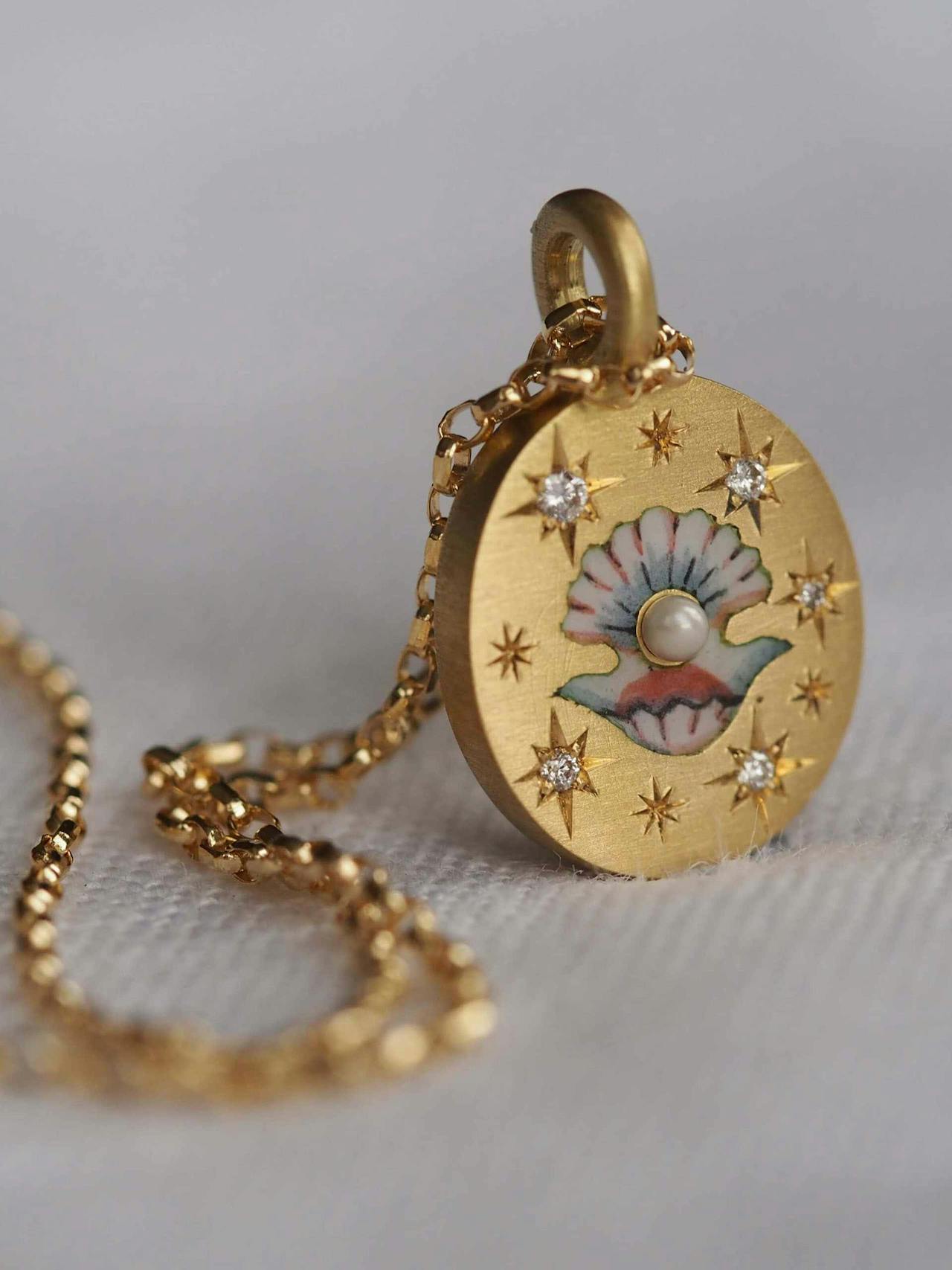 Clam & pearl gold pendant hand-painted enamel necklace Jewellery & Watches Cece Jewellery    - Collagerie