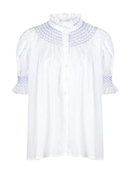 Scholl women's wummer blouse white with forget me not hand smocking Clothing Smock London    - Collagerie