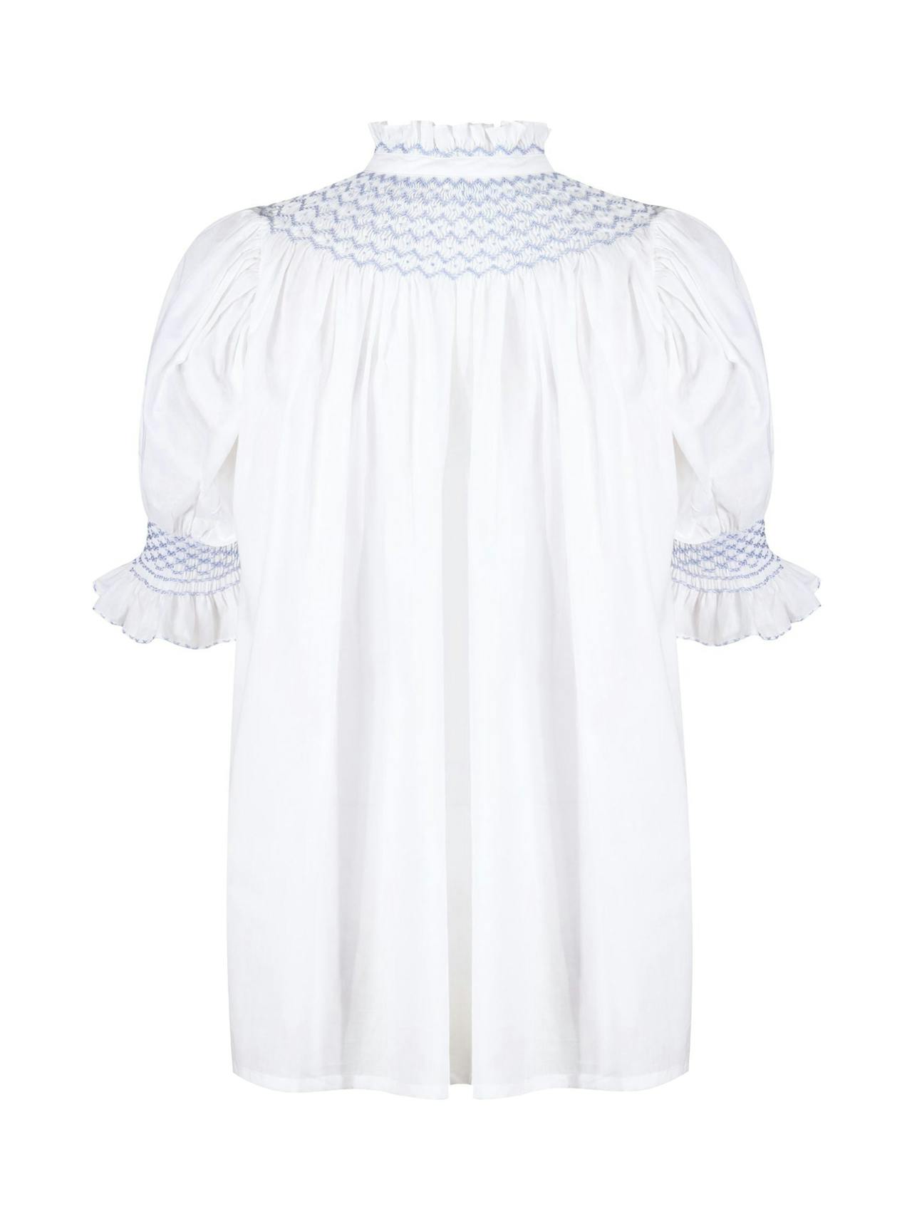 Scholl women's wummer blouse white with forget me not hand smocking Clothing Smock London    - Collagerie