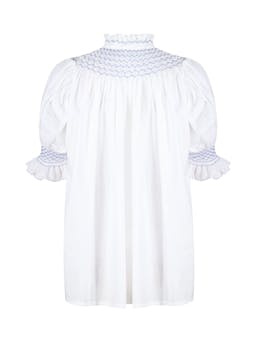 Scholl women's wummer blouse white with forget me not hand smocking Clothing Smock London    - Collagerie