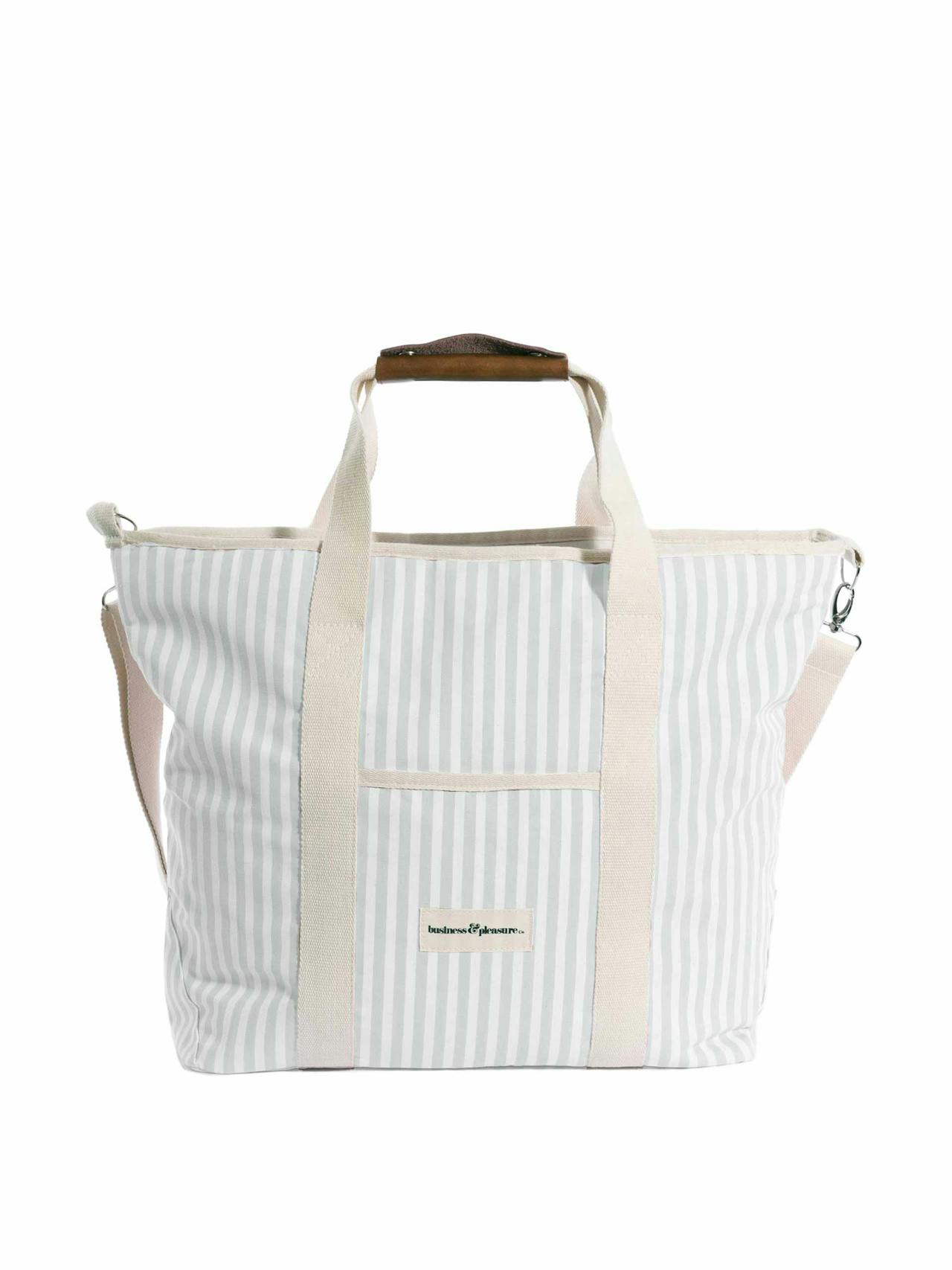 Blue and white striped tote cooler bag