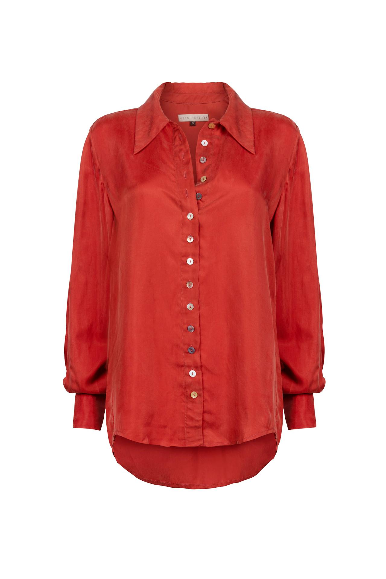 Minnie red shirt with mother of pearl detail
